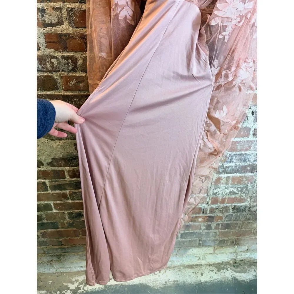 LUXXEL •  Blush Pink Velvet Floral and Tulle Deep V Plunge Back Spaghetti Cross